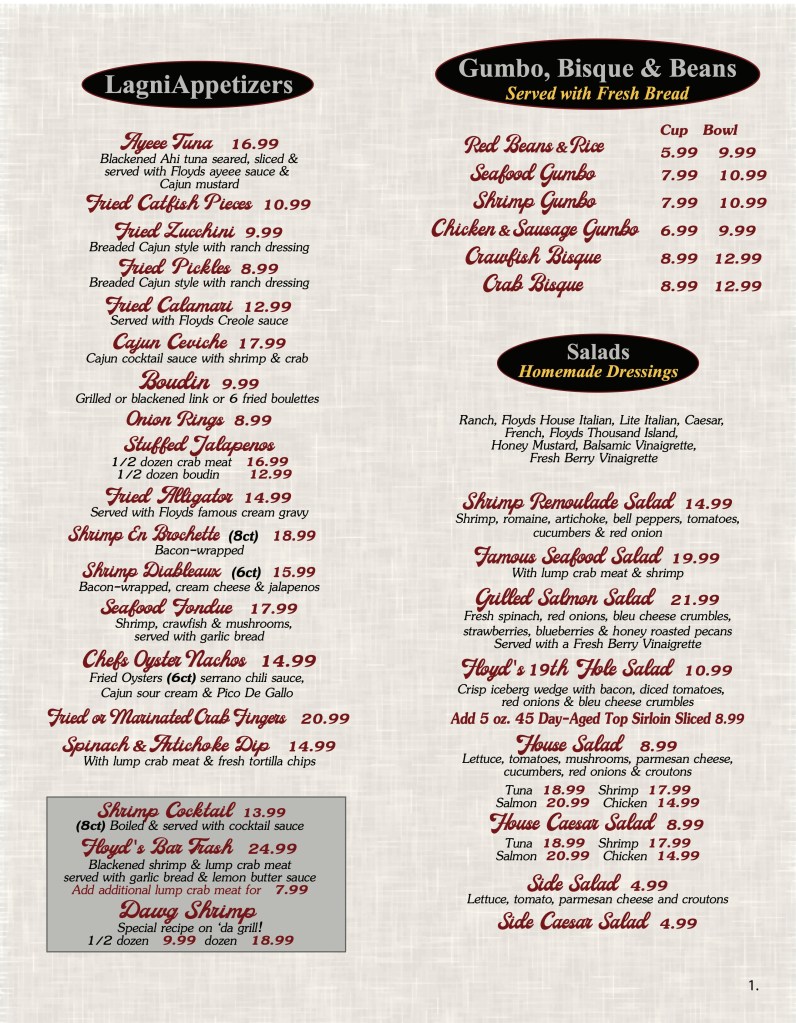 floyds seafood menu page one showing appetizers, gumbo, salads and seasonal feautures